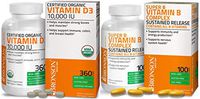 Super B Vitamin B Complex Sustained Slow Release Contains All B Vitamins + High Potency Vitamin D3 10,000 IU Certified Organic Vitamin D Supplement