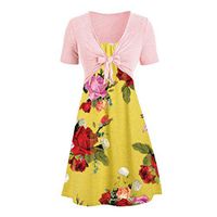 Womens Sunflower Short Sleeve Midi Dresses Bow Tie Front Bandage Suit Summer Casual Cardigan Tops Straps Mini Tshirt Dress Loose Swing Flowy Pleated Floral Sun Dress