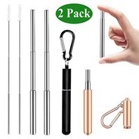 Senneny 2 Pack Telescopic Reusable Straws Stainless Steel Metal Drinking Straw Portable Collapsible Straw with Travel Case Cleaning Brush Keychain (Black & Rose Gold)