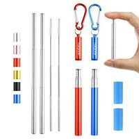Yagote Reusable Collapsible Straws with Aluminum Case Cleaning Brush Keychain Silicone Tip Stainless Steel Drinking Straw for Home, Travel, Office (2 Packs-Red+Blue)