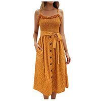 Kiminana Women Retro Polka Dot Print Holiday Dress Summer Ruffle Pleated Spaghetti Straps Dress Cold Shoulder Flowy Dress