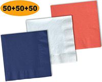 150 Beverage Napkins, Navy blue, Bright White, Coral - 50 Each Color. 2 Ply Paper Cocktail Napkins. 5" folded, 10" unfolded.