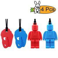 Chew Necklace by GNAWRISHING - 4-Pack (Dinosaur and Robot) - Perfect for Autistic, ADHD, SPD, Oral Motor Children, Kids, Boys, and Girls (Tough, Long-Lasting)