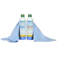 Waxie Green 16oz Metal Polish and Waxie Green 16oz Glass Cleaner Bundle w/Two Waxie Blue Microfiber Polishing Cloths