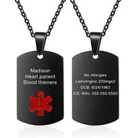Medical Alert Necklace for Men Women Stainless Steel Engraved Medical ID Tag Emergency Med Alert Necklace for Men & Women Medical Alert Jewelry (Black, Customize)