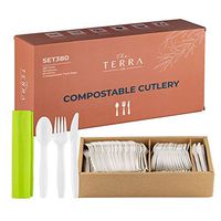 Compostable Cutlery with Serving Tray and 2 Compostable Trash Bags by The Terra Co – Disposable Spoons Forks and Knives – Durable and Heat Resistant Biodegradable Utensils Flatware, Pack of 380