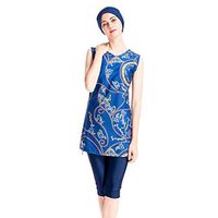 Gojendy Women Solid Ethnic Pattern Bathing Suit for Muslin Sleeveless Tank Top Swimwear (XXXL, Blue)