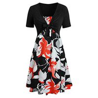 Womens Floral Print Midi Dresses Sleeves Bow Knot Bandage Suit Summer Casual Cardigan Tops Vintage Straps Mini A-Line Tshirt Dress Loose Swing Flowy Pleated Floral Sun Dress