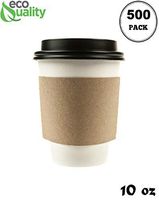 500 Pack - 10 oz Disposable White Paper Coffee Cups with Black Dome Lids and Protective Corrugated Cup Sleeves - Perfect Disposable Travel Mug for Home, Office, Coffee Shop, Travel, Tea
