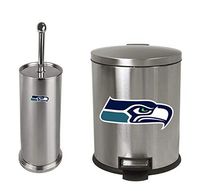 The Furniture Cove 2-Pc Set - 1.3 Gallon Stainless Steel Step Trash Can Waste Basket and Toilet Brush with Holder Featuring the Choice of Your Favorite Football Team Logo (Seahawks)