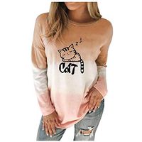 Sunhusing Women's Casual Round Neck Tie-Dyed Gradient Color Cat Letter Printed Pullover Tops Sweatshirt(Khaki,L)