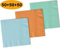 150 Beverage Napkins, Pastel Blue, Autumn Orange, Mint - 50 Each Color. 2 Ply Paper Cocktail Napkins. 5" folded, 10" unfolded.