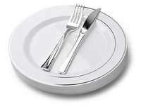 " OCCASIONS" Wedding Party Heavyweight Disposable Plastic 9'' Silver Rim Luncheon Plates + Silverware set (Luncheon Setting, 60 Settings)