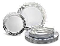 " OCCASIONS" 150pcs set (25 Guests)-Wedding Plastic Plates & cutlery -Disposable Dinnerware 10.25'', 7.5'' + Silverware w/double fork (Princess White & Silver)