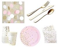 Pink and Gold Dessert Appetizer Paper Plates Napkins & Cups plastic Golden Cutlery Silverware & Glittery String Decorations Party Supplies Elegant Hot Foil Stamp DELUXE For 12 Guests