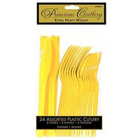 Premium Heavy Weight Assorted Cutlery | Sunshine Yellow | Pack of 24 | Party Supply