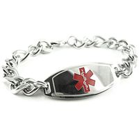 My Identity Doctor - Custom Engraved Mens Medical Alert Bracelet, 8mm Steel, Thick Figaro Chain - Red - Wrist Size 7 Inch