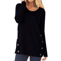 Women's Long Sleeve T-Shirt Round Neck Button Sweatshirt Loose Pullover Fall Soft Fashion Tops Tunic (Large, Dark Blue)