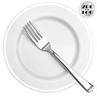 JL Prime 200 Pack 100 Silver 7.35” Small Plastic Plates & 100 Forks Set, Heavy Duty Disposable Plastic Plates with Silver Rim & Silverware for Party & Wedding, Salad/Dessert/Cake Plates and Forks