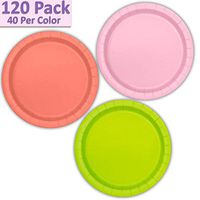 120 Paper Dessert Plates (7") - Light Pink, Coral, Neon Green - 40 Per Color, 3 Colors - Great Assortment for Birthday Parties, Weddings, Holidays, Baby Shower, Celebrations, and more