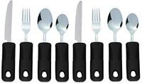 Adaptive Utensils (8-Piece Kitchen Set) Wide, Non-Weighted, Non-Slip Handles for Hand Tremors, Arthritis, Parkinson’s or Elderly use | Stainless Steel Knife, Fork and Spoons (Black - 2 Sets)