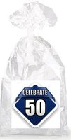 Celebrate 50th Birthday on Blue Party Favor Bags with Ties - 12pack