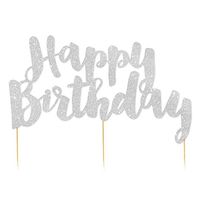 Illume Partyware Silver Glitter Happy Birthday Cake Topper,, Height 6.5 Inches x Width 5 Inches for Birthday Parties for All Ages