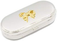Silver with Gold Bow Rectangular Curved Edges Pocket Purse Portable Travel Pill Box & Medicine Organizer (2 Compartments)
