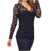 Sunhusing Ladies Sexy Hollow-Out Lace Trim Loose V-Neck Stitching Long Sleeve Tops Slim Pullover T-Shirt(Black,5XL)