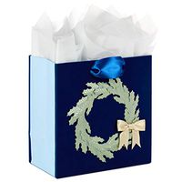 Hallmark Signature 7" Medium Christmas Gift Bag with Tissue Paper (Navy and Gold Wreath)