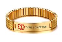 VNOX Gold Plated Stainless Steel Medical Aert ID Type 2 Diabetes Watch Band Strentch Bracelet,7"-7.2"