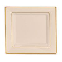 Square off white Ivory Disposable/Reusable Plastic Plates With Gold Rim 50 Pack-25-9.5'' Dinner + 25-6.5" Dessert/Salad for Wedding Anniversary Christening all Events and Part (Ivory)