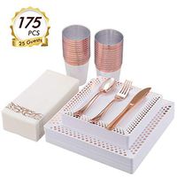 Vplus 175PCS Rose Gold Square Plastic Plates with Plastic Dinnerware ,Include 25 Dinner Plates,25 Dessert Plates,25 Forks,25 Knives,25 Spoons,25 Cups,25 Napkins ( Rose Gold)