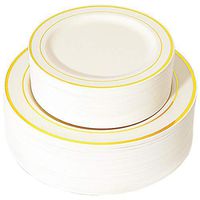 WDF 102 pieces Gold Plastic Plates- Ivory with Gold Rim Disposable Party Wedding Plates,Premium Heavy Duty 51-10.25" Dinner Plates and 51-7.5" Salad Plates