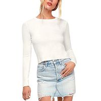 Alangbudu Women Basic Knitted Cropped Tops Slim Fit Pullover Solid Shirt Elegant Blouse Casual Long Sleeve Soft Tunic White