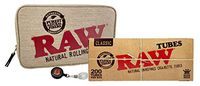 RAW Smell Proof Smokers Pouch (Large), RAW Natural Unrefined King Size Cigarette Tubes, with Rolling Paper Depot Lighter Lasso- 3 Item Bundle