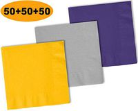 150 Beverage Napkins, Sunshine Yellow, Shimmering Silver, Grape Purple - 50 Each Color. 2 Ply Paper Cocktail Napkins. 5" folded, 10" unfolded.