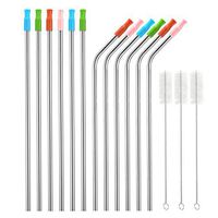 X-Chef Reusable Metal Drinking Straws, 12 Stainless Steel Straws, 10.5'' for 20 30 Oz Yeti Tumblers, 6 Curved & 6 Straight with 12 Silicone Tips & 3 Cleaning Brushes