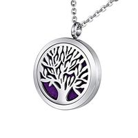 HOUSWEETY Aromatherapy Essential Oil Diffuser Necklace-Stainless Steel Tree of Life Locket Pendant,11 Refill Pads (Non-engraving)