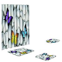 Cinhent 4 Set Butterfly Bathroom Fabric Shower Curtain Decor — Non Slip Toilet Polyester Cover Mat Set Bathroom Shower Curtain | Quality, Washable, Water Repellent, Bathroom Curtains