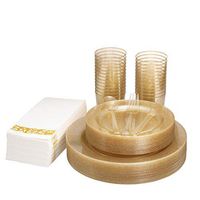 Fete Gold Disposable Dinnerware - Gold glitter 25 Guest, 175 Pack Of Heavy-Duty Plastic Party - 25 Dinner Plates 10.25", 25 Dessert Plates 7.5", 25 Cups, 25 Napkins, 25 Forks, 25 Spoons, 25 Knives,