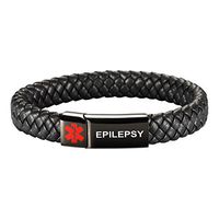 [Engraving]Leather Medical Alert Bracelet - Personalized Medical ID for Men Women Kids Custom Diabetic Alert Bracelet-Black (23cm(9.05"),Black-Epilepsy)