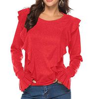 LONGDAY Crew Rib Ruffle Front Puff SweaterLong Bell Sleeve Blouse Loose Trumpet T-Shirt Casual Solid Flare Tops Red