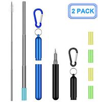 2 Pack Collapsible Reusable Straws Telescopic Stainless Steel Metal Straws with Portable Aluminum Travel Case & Cleaning Brush & Keychain & Silicone Tips for Cold or Hot Drinks (Royal Blue/Black)