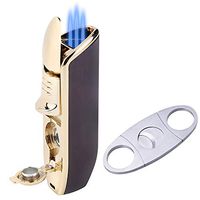 BS Cigar Cutter and Lighter Set, Cigar Punch Lighter Triple Jet Flame Butane Cigarette Torch Lighter (Mahogany Color+ Golden)