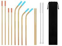 Eskyhouse Golden Metal Straws, 9Pcs Gold Reusable Steel Drinking Straws With Ultra Wide Smoothie Straw For Yeti 20oz 30oz 40oz Tumblers 2 Clean Brsuhes 8 Silicone Tips 1 Carrying Bag