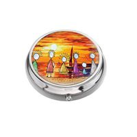 Rex Parker Pill Box -Compact 3 Compartment Medicine Case, Pill Box for Pocket or Purse(Children Playing On The Beach and Sunset)，Circular