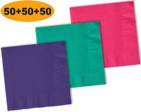 150 Beverage Napkins, Grape Purple, Teal, Electric Pink - 50 Each Color. 2 Ply Paper Cocktail Napkins. 5" folded, 10" unfolded.