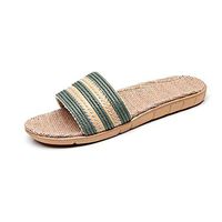 Flax Home Slippers Indoor Floor Shoes Cross Belt Silent Sweat Slippers for Summer Women Sandals Men Flip Flops Green