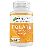 EZ Melts Folate as L-5-Methylfolate, 1,667 mcg DFE, Sublingual Vitamins, Vegan, Zero Sugar, Natural Orange Flavor, 60 Fast Dissolve Tablets